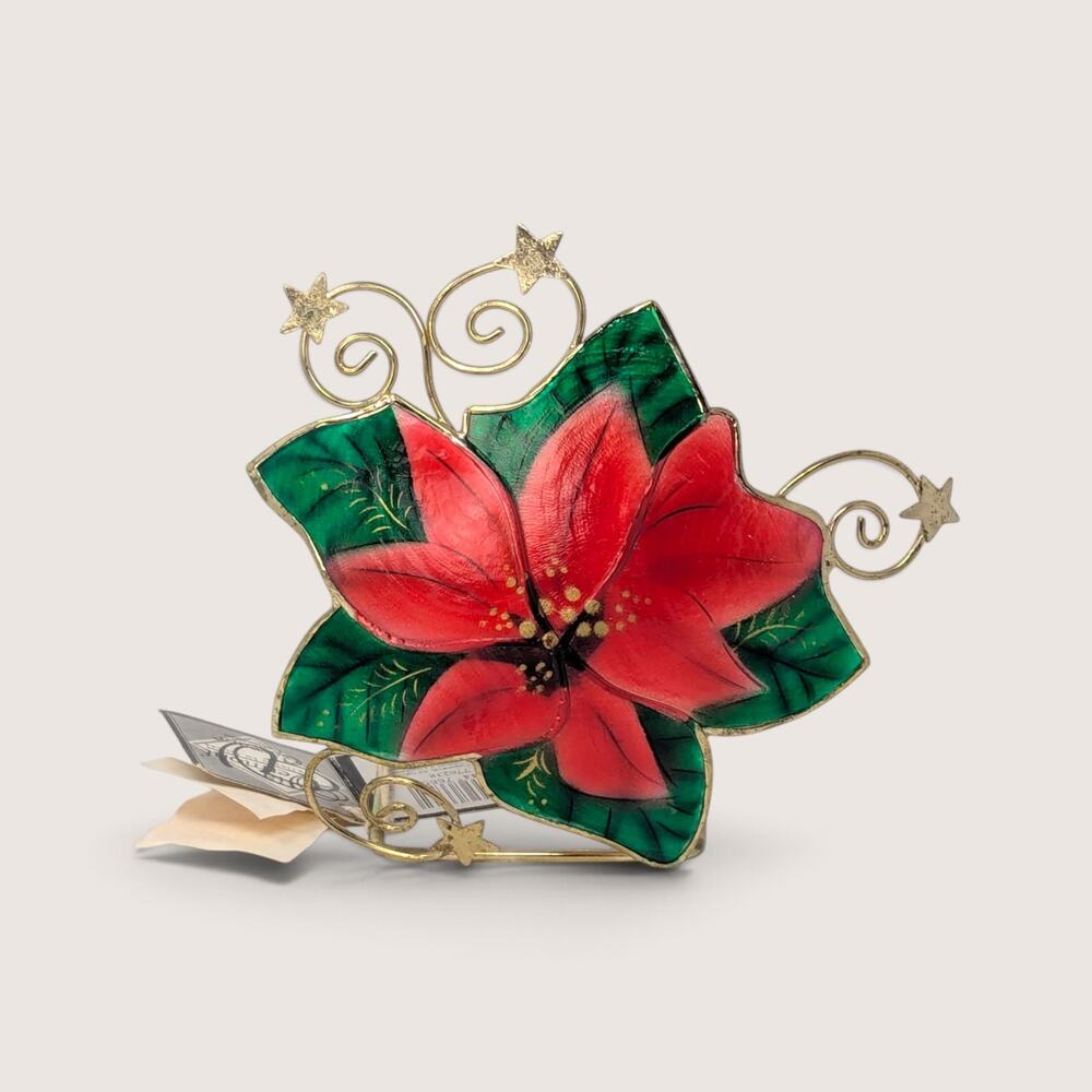Vintage 1999 Enesco Poinsettia Candle Holder | Shell Metal Christmas Decor